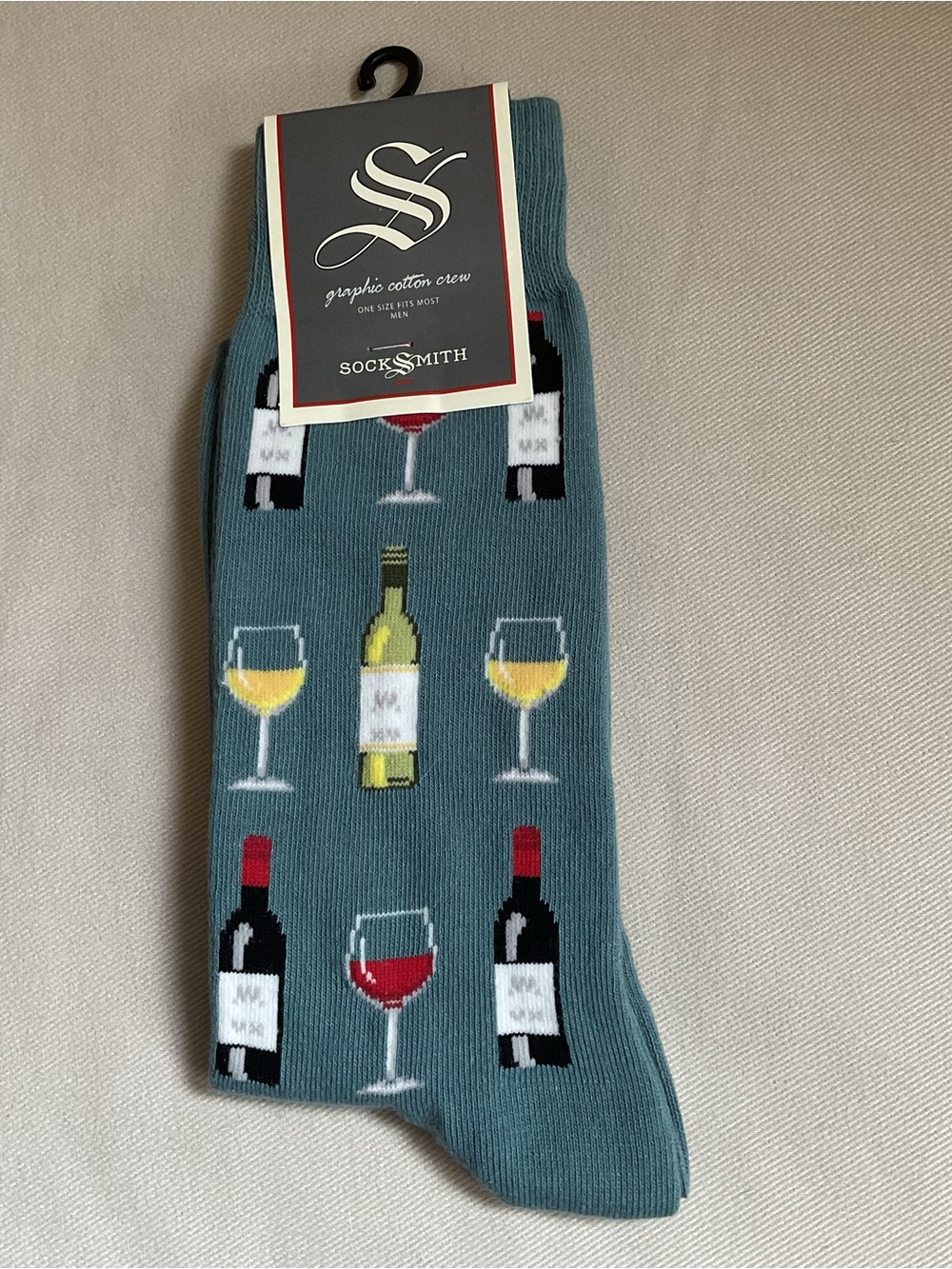 Socksmith Teal Crew Socks with Wine Bottle Motif
